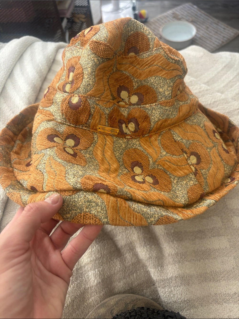Teresa Foglia Floral Pattern Bucket Hat in Mustard and Brown